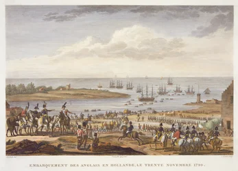 Englændernes indskibning i Holland, 30. november 1799, indgraveret af Louis Francois Couche (1782-1849) (akvatint)