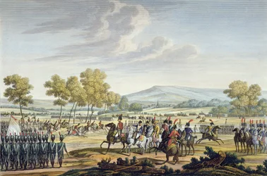 Den kejserlige garde manøvrerer i nærvær af de to kejsere ved Tilsit, 28. juni 1807, indgraveret af Edme Bovinet (1767-1832) (akvatint)