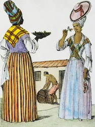 Blomsterhandlere i Santo Domingo, farvestik fra en tegning af Labrousse (aktiv 1796), fra Encyclopedie des Voyages, af Jacques Grasset de Saint-Sauveur (1757-1810)