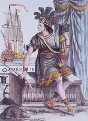 Titelside fra, Encyclopedia of Voyages af Jacques Grasset de Saint-Sauveur, der skildrer en allegori over Amerika