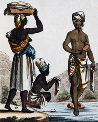 Vaskekvinder fra Santo Domingo, farvestik fra en tegning af Labrousse (aktiv 1796), fra Encyclopedie des Voyages, af Jacques Grasset de Saint-Sauveur (1757-1810)