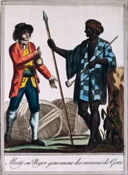 Alcaty, stammechef i Goree, Senegal, gravering fra en tegning af Labrousse (aktiv 1796), fra Encyclopedie des Voyages, af Jacques Grasset de Saint-Sauveur (1757-1810)