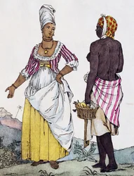 Sort kvinde og mulatkvinde fra Santo Domingo, farvegravering fra tegning af Labrousse