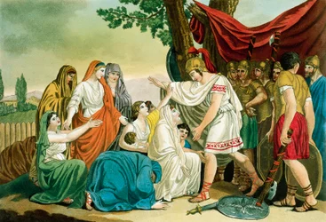 Coriolanus, af Jacques Grasset de Saint-Sauveur (1757-1810), gravering fra det antikke Rom, eller historisk og billedlig beskrivelse af alt relateret til romerske folk, deres militær, skikke, religiøse og offentlige liv