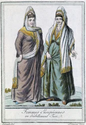 Europæiske kvinder i tyrkisk påklædning - i "" Encyclopédie des voyages"" af Grasset Saint Sauveur, red. Paris 1796