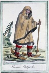 Ostyack-mand på ski - i "" Encyclopédie des voyages"" af Grasset Saint Sauveur, red. Paris 1796
