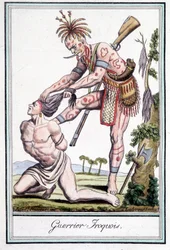 Iroquois-kriger skalperer sin fjende - i "" Encyclopedia of travels"" af Grasset St. Sauveur, Paris