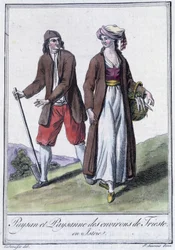 Bonde og bonde fra Trieste, Italien, - i "" Encyclopedia of Travels"" af Grasset St. Sauveur, Paris