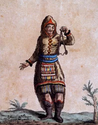 Woman of Hudson Bay i traditionel kostume, farvegravering af Laroque, fra Encyclopedia of voyages, af Jacques Grasset de Saint-Sauveur (1757-1810)