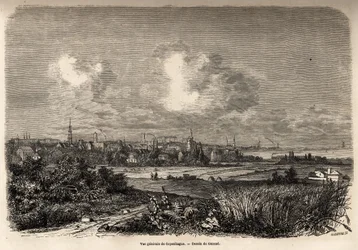 Generelt billede af København, tegning af Jacques Guiaud (1810-1876), til illustration af J.M.Dargauds rejse til Danmark (1800-1860), i 1860. Indgravering i “” Le tour du monde””, redigeret af Edouard Charton