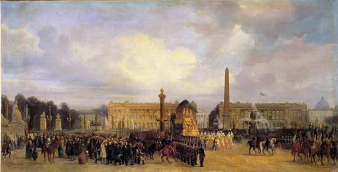 Tilbagekomsten af asken fra Napoleon I (1769-1821) i Paris den 15/12/1840: kortegen krydser Place de la Concorde Maleri af Jacques Guiaud (1811-1876) 1841 Søn. 1,05x2,17 m.