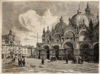 Pladsen og Markuskirken (Saint Mark), tegning af Jacques Guiaud (1810-1876), for at illustrere Adalbert de Beaumonts rejse til Venedig, omkring 1850. Indgravering i “” Le tour du monde””, redigeret af Edouard Charton