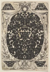 Ovalt vedhæng dekoreret med Schweifwerk, omgivet af mindre motiver og kronet b..., ca. 1614-19.