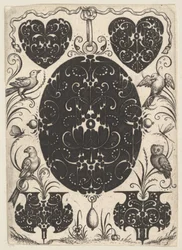Ovalt vedhæng dekoreret med Schweifwerk, omgivet af mindre motiver og fire fugle, ca. 1614-19.