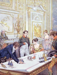 Napoleon (1769-1821) og hans hustru Joséphine (1763-1814) forbereder kroningen, illustration fra »Bonaparte« af G. Montorgueil, 1910