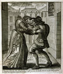 Graveret illustration fra det 17. århundrede fra en samling ordsprog. Paris 1657-1663. Af Jacques Lagniet (1620-1675). Fransk kobberstikker. Fra ham stammer mange samfundskritiske stik og hånlige billeder som hans til tider groteske og fantastiske illustra