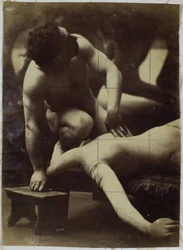 Studie af en mandlig nøgenmodel, der brydes med en mannequin, i Jacques de Lalaings studie