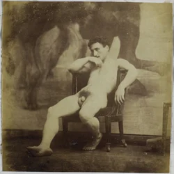 Studie af en mandlig nøgenmodel, siddende på en stol, i Jacques de Lalaings atelier