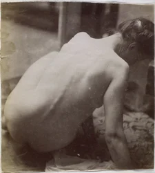 Undersøgelse af en kvindelig nøgenmodel, set bagfra, i Jacques de Lalaings studie, forundersøgelse for element til et springvand på Musee des Beaux arts, Tournai og til et cirkulært springvand