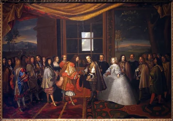 Trediveårskrig: "" Interview med kongen af Frankrig Ludvig XIV (1638-1715) og Filip IV af Spanien (1605-1665) på øen Paisans den 7/11/1659"" Spanien indvilliger i at underskrive traktaten om Pyrenæerne. Datter af Philip IV, Marie Therese (Marie-Therese)