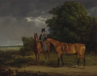 En brudgom monteret på en kastanjejæger, han holder en bugtjæger ved tøjlerne (olie på lærred)