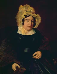 Portræt af fru Edward Cross i en mørk satin kjole med et Paisley sjal, 1838