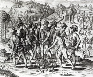 Spaniere, der modtager gaver fra indianere, fra 