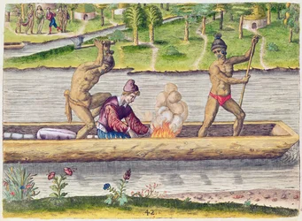 Mordet på en franskmand, fra «Brevis Narratio..», graveret af Theodore de Bry (1528-98), udgivet i Frankfurt, 1591