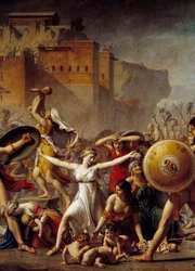 Detalje: "" Sabinerne""" mellem deres romerske ægtemænd (til højre) og deres Sabins-brødre (til venstre) og viser dem deres børn - Maleri af Jacques-Louis (Jacques Louis) David (1748-1825)