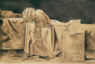 Marats død, 1793 (pen og blæk og wc på papir)