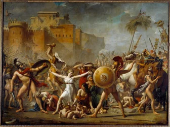 Sabinerne mellem deres romerske ægtemænd (til højre) og deres sabinske brødre (til venstre) og viser dem deres børn - Maleri af Jacques-Louis (Jacques Louis) David (1748-1825)