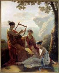 Den græske digter Sapho (Sappho) spiller lyre og to af hendes ledsagere Maleri af Jacques Louis Grandin (1780-?) 1808 Paris, Musee Marmottan