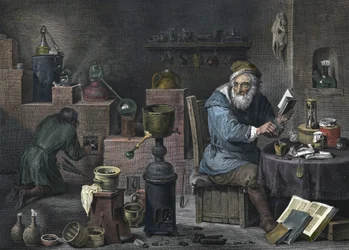 Alkymisten. Gravering af Jacques-Louis Pérée. 17. århundrede.