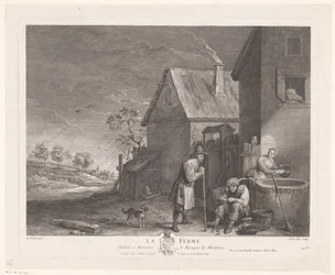 To mænd og en kvinde foran brønden ved en gård La Ferme (titel på objekt)