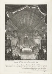 Huwelijk van Willem IV mødte prinsesse Anna, 1734 George II Mag: Brit: Franc: & Hiber. Kongens bryllupsceremoni mellem Anne (...) og William (...) Tirsdag den 14.: Ano: 1733 (...) (titel på objektet)