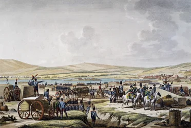 Napoleon besøger belejringsværket ved Danzig ledet af marskal Lefebvre (9. maj 1807), gravering af Francois Jacques Dequevauviller (1783-1848), tegning af Jacques Francois Joseph Swebach-Desfontaines (1769-1823)
