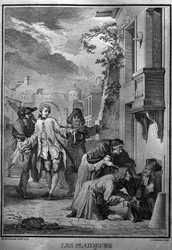 Les Plaideurs Illustration fra Jacques de Seve til værker af Jean Racine (1639-1699), fransk tragisk digter. gravering af 1760.
