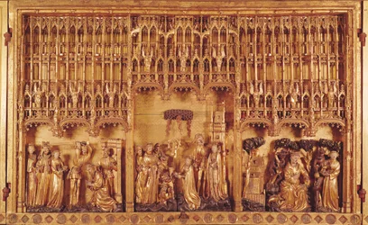 Altertavle af hellige og martyrer, midterpanel halshugningen af Skt. Johannes Døberen, St. Katarina af Alexandrias og Skt. Barbaras Martyrium og Skt. Anthonys Fristelse, ca. 1391 (forgyldt wo