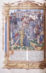 Oplyst manuskript, der forestiller en konge og hans hær foran en by, 1503-04