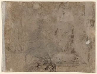 En ung, der sidder ved et bord (recto); Hoved af et barn med krøllet hår (verso)