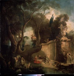 ""Hvil efter Jagten" (Hvil efter Jagten) Fornøjelser af adelen efter jagtfesten, en kvinde på en gynge, en picnicscene (picnic) land. Maleri af Jacques de Lajoue (1686-1761) 1730 Pushkin Museum, Moskva