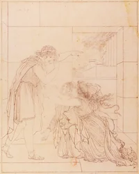 Andromaque ved fødderne af Pyrrhus, illustration til Andromaque af Jean Racine (1639-1699), af Jacques de Seve (1742-1788), tegning