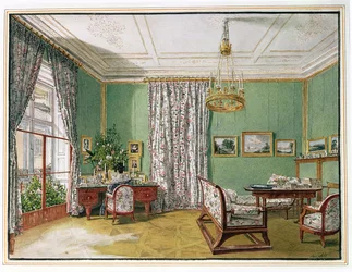 En dame ved sit skrivebord i en biedermeiersalon, ca. 1821