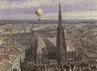 Ballonfærd over Wien (Udsigt over Wien fra sydvest med en ballon over byen)
