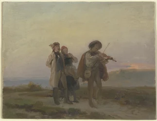 Aftenvandring, violinist og bondepar på markerne