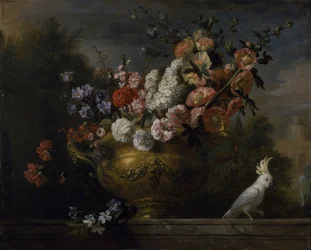 Stilleben med blomster i en urne, med en kakadue på en afsats, ca. 1699