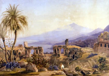 Taormina på Sicilien: ruinerne og Etna. Maleri af Jacob Suter, omkring 1850.