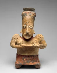 Knælende kvinde, der ammer en baby, Proto-Classic, 100 BC-AD 300 (lertøj med polykrom slip-maling)