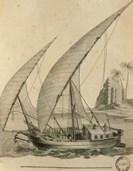 Nubias sejlbåd, Egypten, gravering fra Cartes et figures du Voyage en Nubia et en Abyssinia, James Bruce