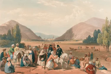Indkørsel til Caubul fra Killa-Kazee [sic], ca. 1840 (litografi, farvet)